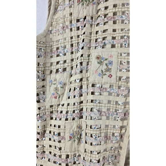 VTG 90s Woven Vest Cream Cotton Linen 2X Victoria Jones Woman Floral Embroidery - Picture 9 of 15